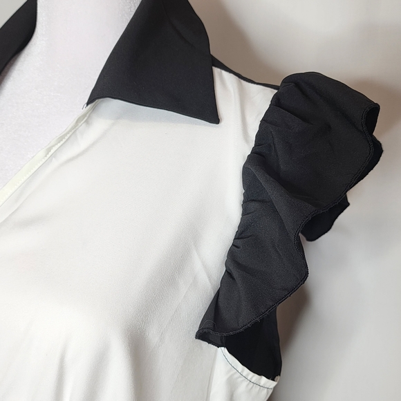 Skue Curve Sz 1XL Black & White Ruffle Sleeve Collar Neck Wrap Dress Tie Waist - Picture 6 of 16